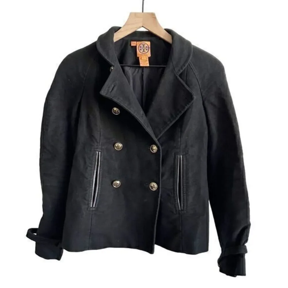 Tory Burch Double Breasted Buckle Accent Leather‎ Trim Military Jacket Black 2
